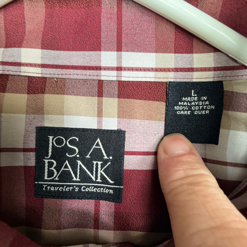 Jos A Bank Traveler Collection‎ Red Tan Plaid Button Down Shirt Men L - Picture 3 of 9